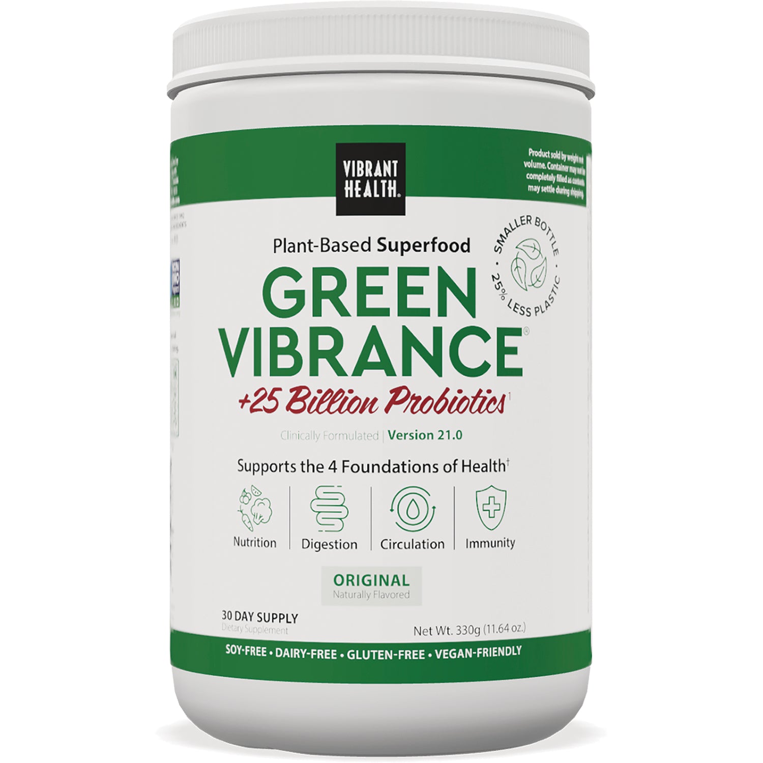 VH002 | Vibrant Health Green Vibrance plant-based superfood powder with +25 Billion Probiotics, Original, 30 day supply