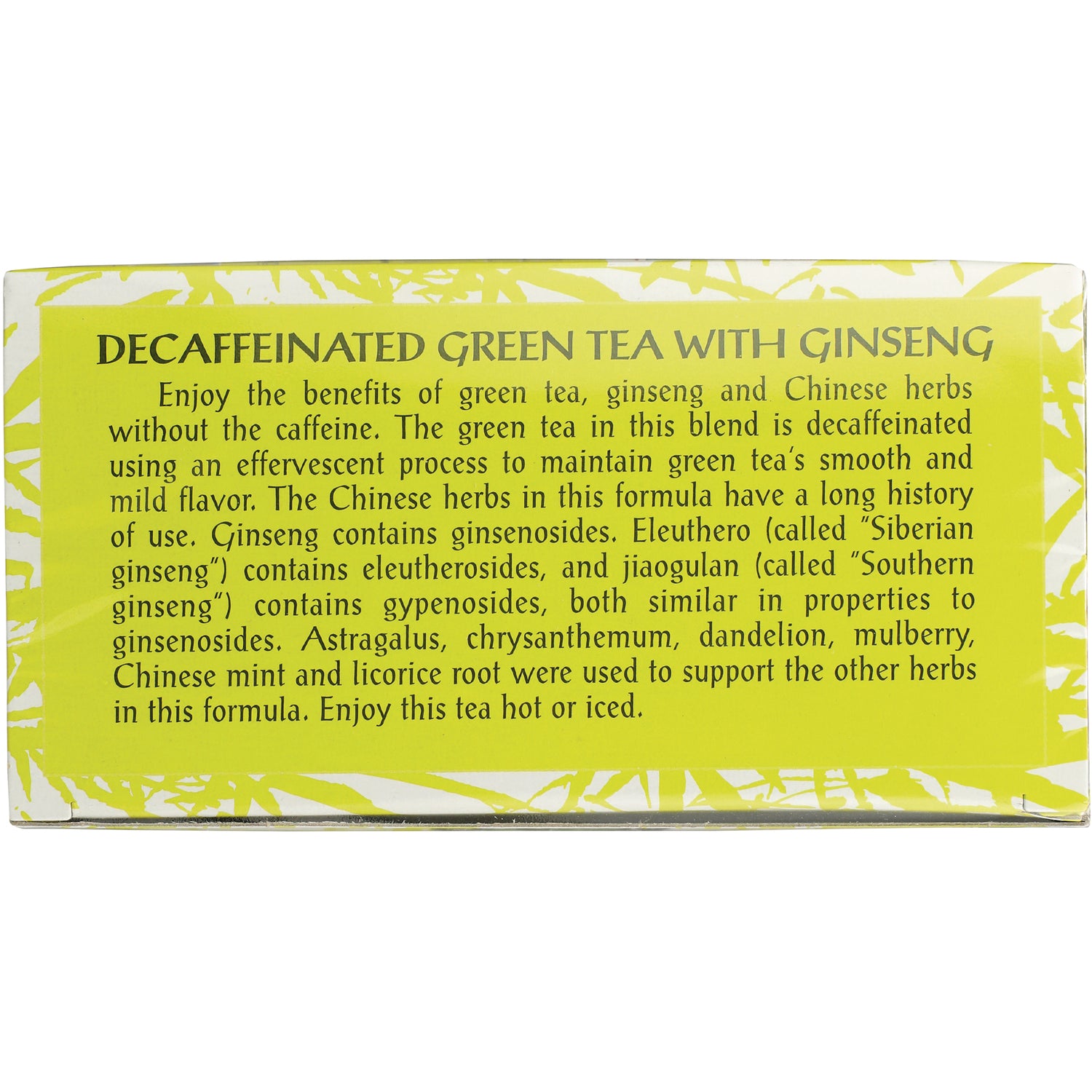 TLT010 | Back panel text: Decaffeinated Green Tea with Ginseng, benefits and herbal ingredients overview