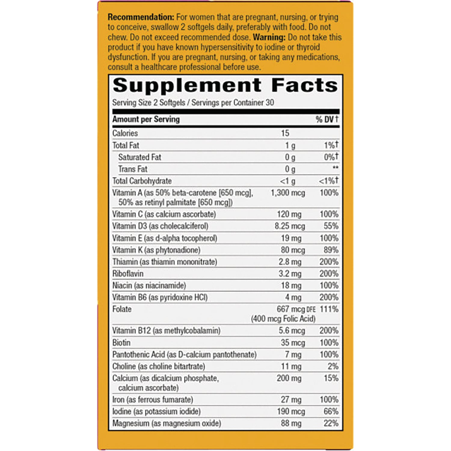 NW1043 | back label showing Supplement Facts with nutrient amounts per serving, serving size 2 softgels
