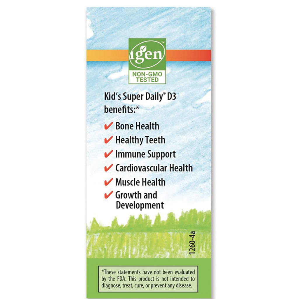 CSN238 | back panel listing benefits for Kid's Super Daily D3: bone health, healthy teeth, immune support, cardiovascular and muscle health - Thumbnail