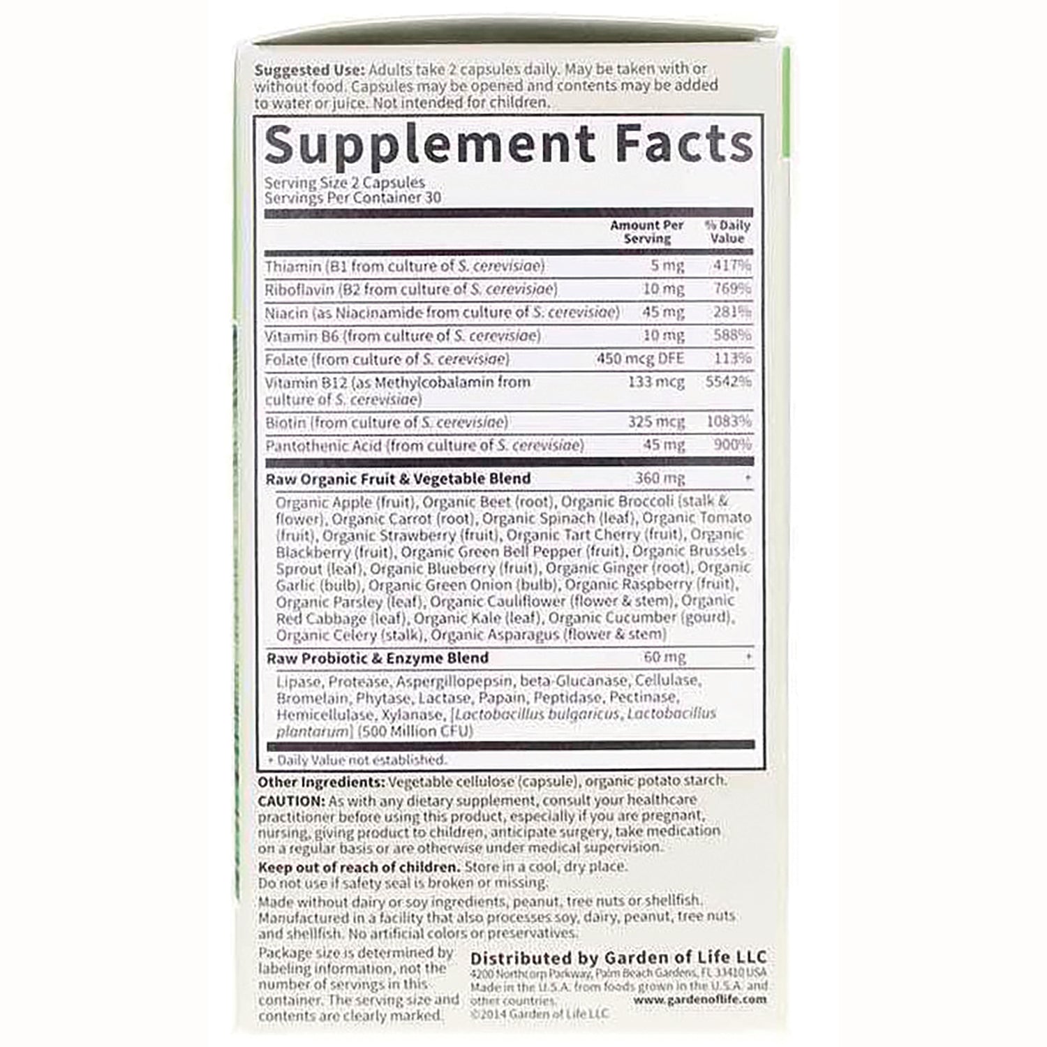 GLF102 | back panel with Supplement Facts, ingredient list and probiotic and enzyme blends on product box