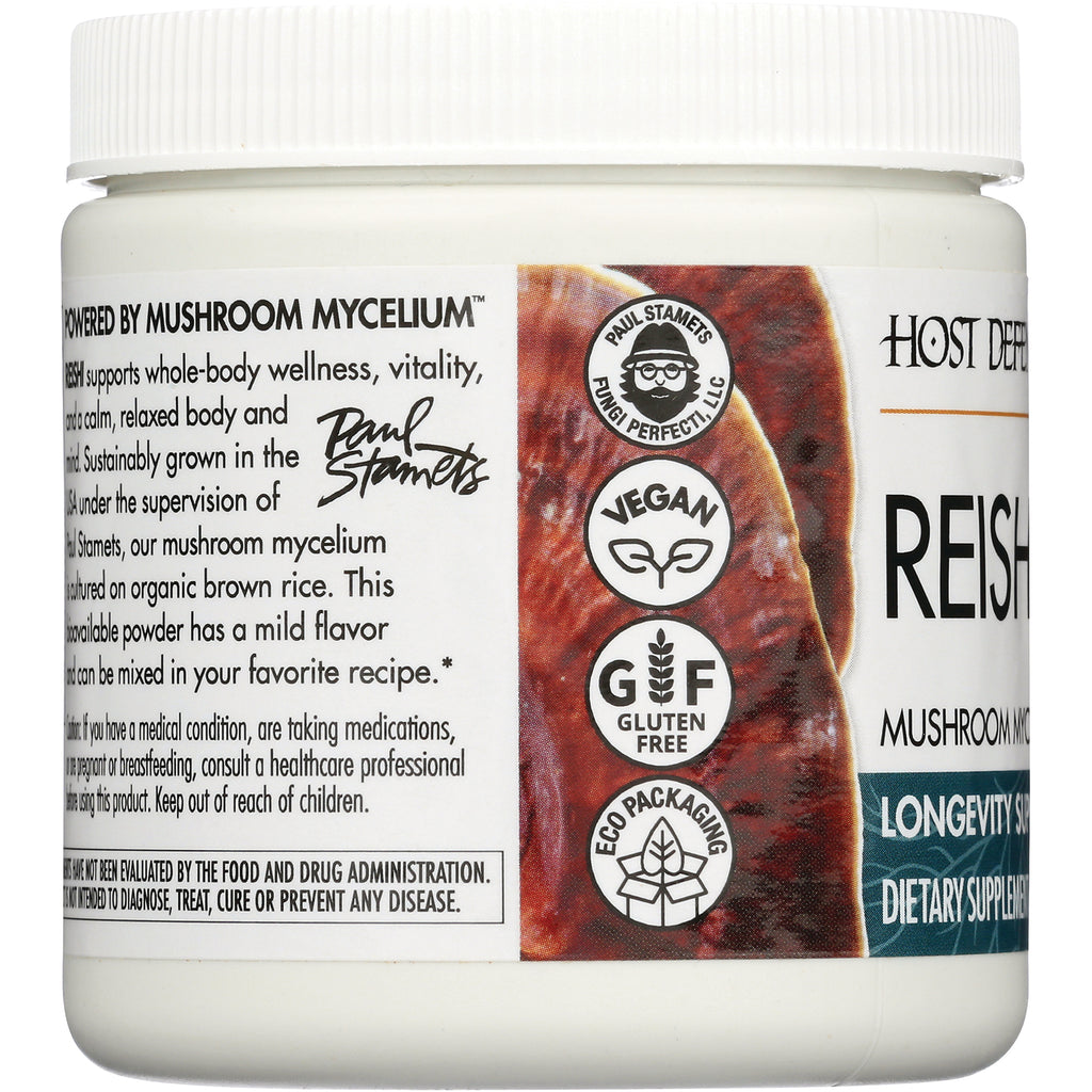 FUN033 | Jar side label for Reishi supplement showing vegan, gluten free, eco packaging icons and Powered by Mushroom Mycelium - Thumbnail