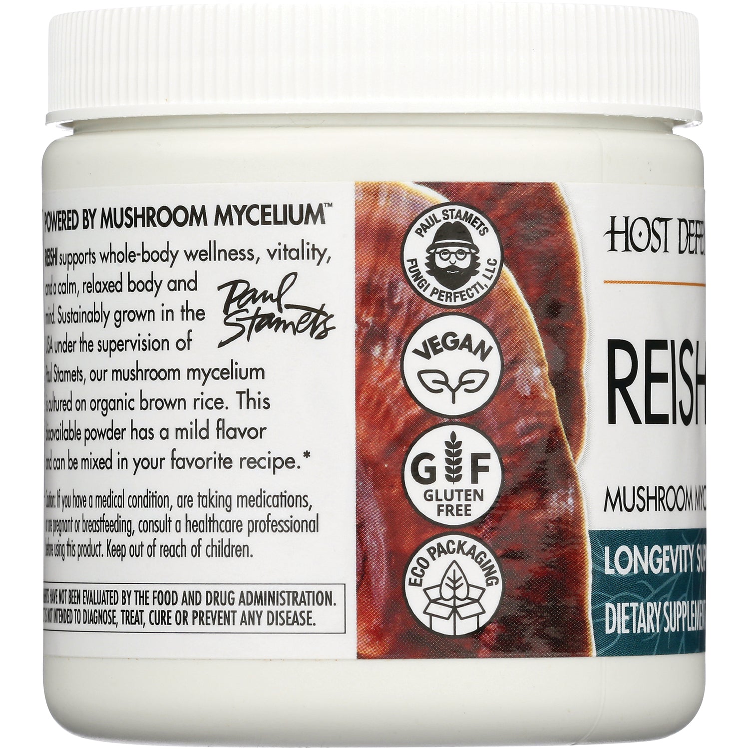 FUN033 | Jar side label for Reishi supplement showing vegan, gluten free, eco packaging icons and Powered by Mushroom Mycelium