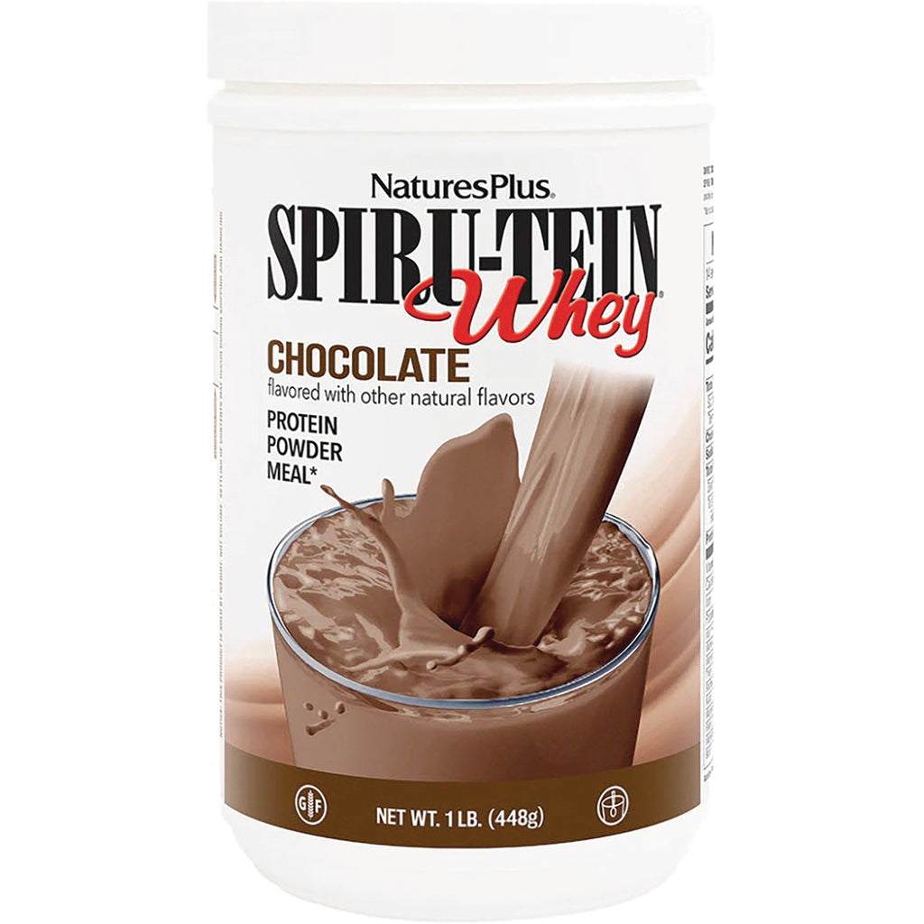 NTP098 | NaturesPlus SPIRU-TEIN Whey chocolate protein powder tub front label with chocolate shake splash - Thumbnail