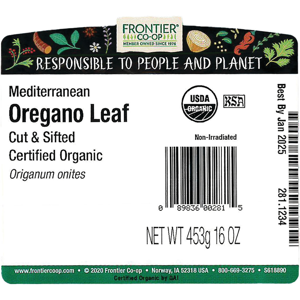 FNP072 | back label for Frontier Mediterranean Oregano Leaf certified organic showing barcode, NET WT 453g 16 OZ and Best By Jan 2025 - Thumbnail