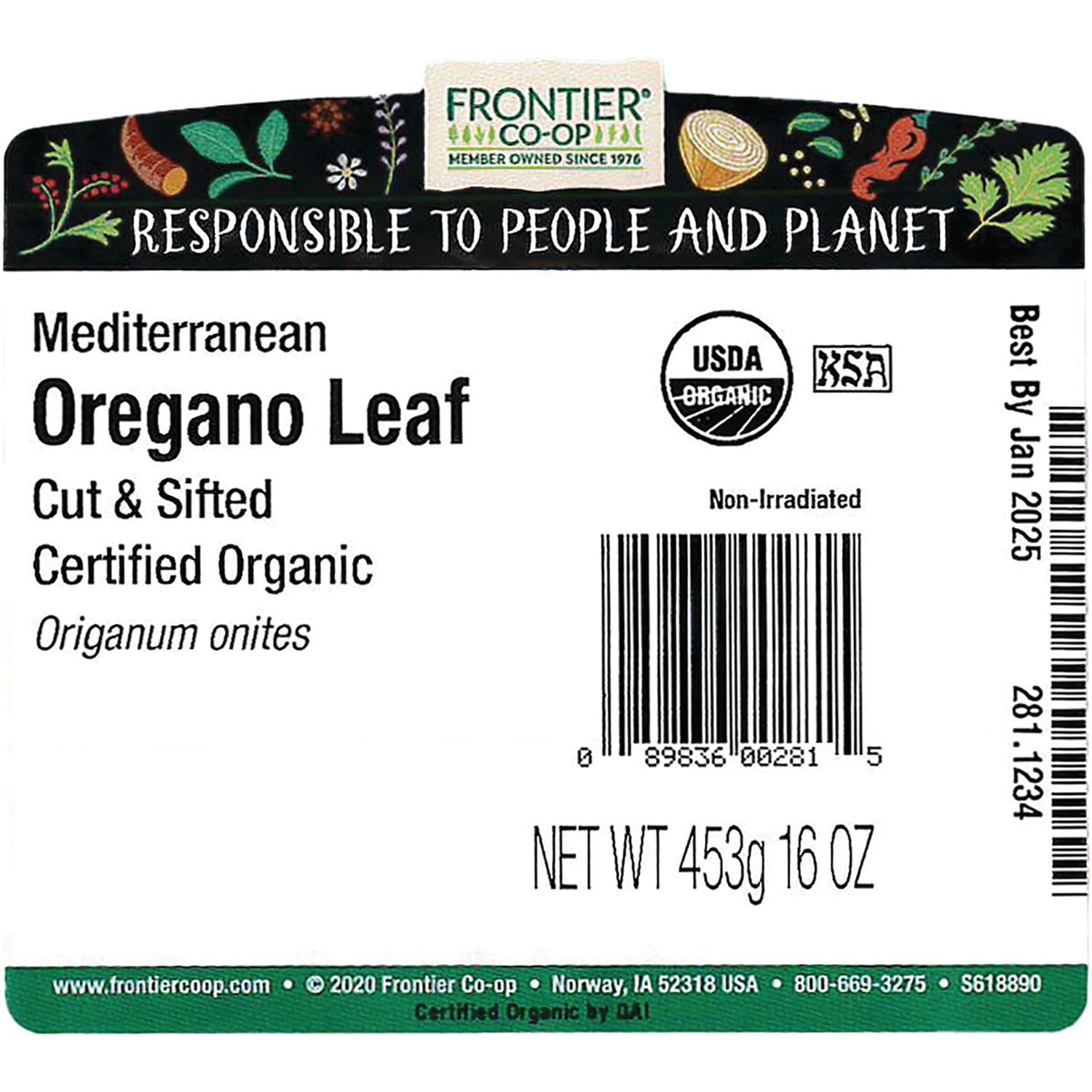 FNP072 | back label for Frontier Mediterranean Oregano Leaf certified organic showing barcode, NET WT 453g 16 OZ and Best By Jan 2025