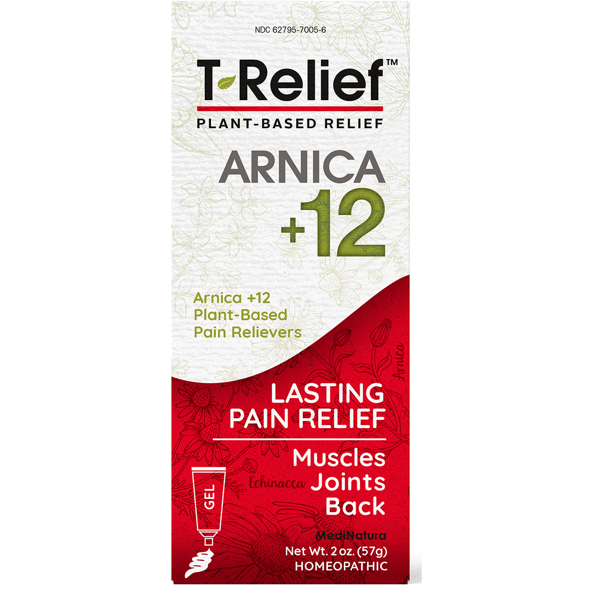 MNA026 | TRelief Arnica +12 plant-based pain relief gel packaging front showing lasting pain relief for muscles, joints, back