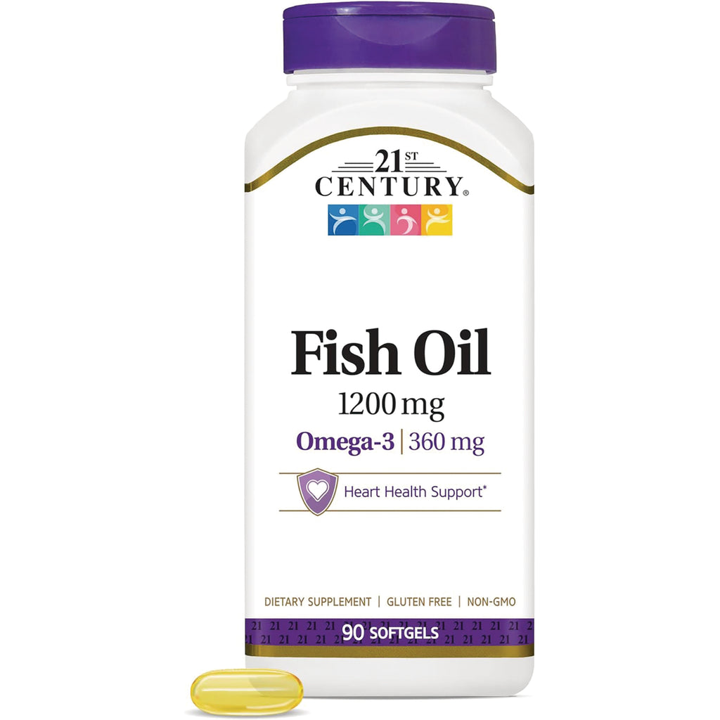 CNT117 | 21st Century Fish Oil 1200 mg bottle showing label and one softgel, 90 softgels, heart health support - Thumbnail