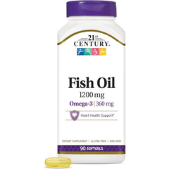 CNT117 | 21st Century Fish Oil 1200 mg bottle showing label and one softgel, 90 softgels, heart health support
