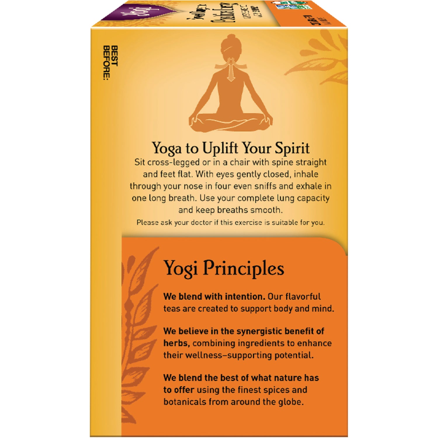 AHW061 | Yogi tea box panel with Yoga to Uplift Your Spirit breathing guide and Yogi Principles text