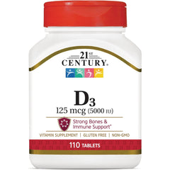 CNT203 | 21st Century D3 125 mcg (5000 IU) vitamin supplement bottle, 110 tablets, Strong Bones & Immune Support