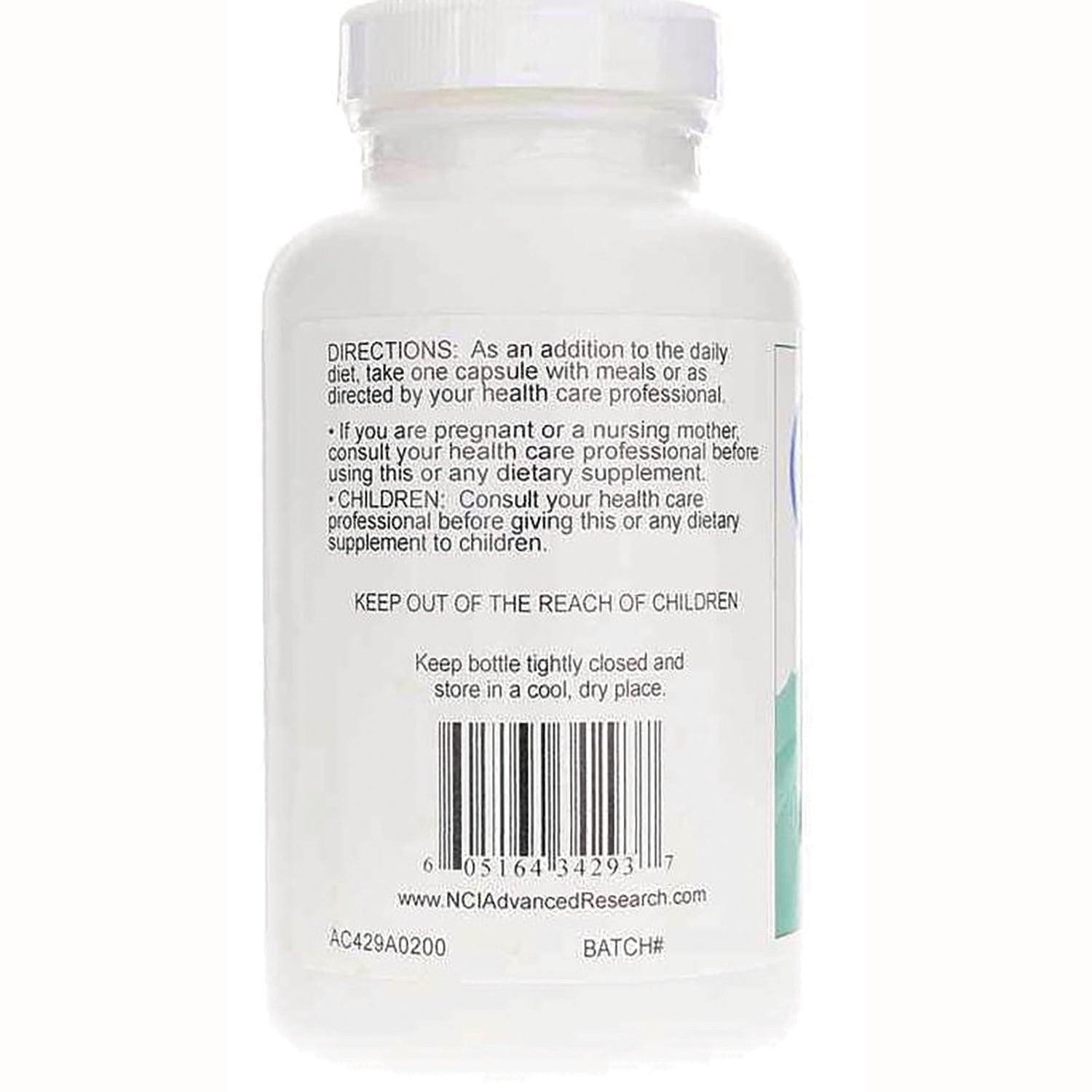 ADR011 | Back of white supplement bottle label showing directions, \
