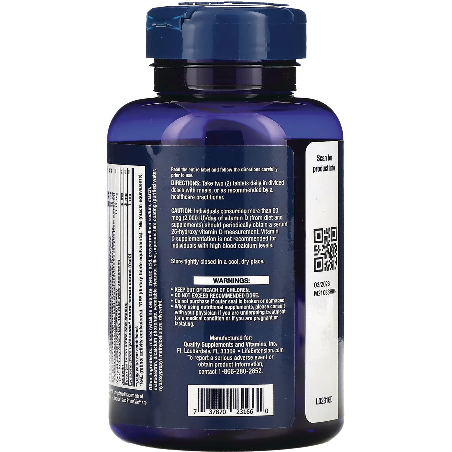 LE563 | back label of blue supplement bottle showing warnings, directions, barcode and QR code