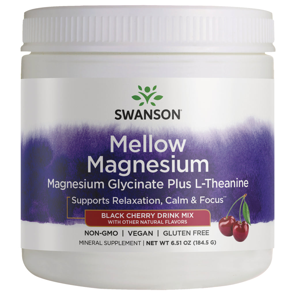 SW1989 | Swanson Mellow Magnesium powder, Magnesium Glycinate plus L-Theanine, Black Cherry drink mix front label - Thumbnail