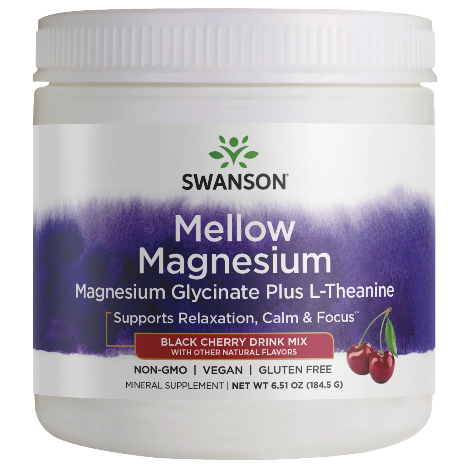 SW1989 | Swanson Mellow Magnesium powder, Magnesium Glycinate plus L-Theanine, Black Cherry drink mix front label