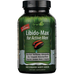 IR203 | Irwin Naturals Libido-Max for Active Men bottle with green label showing 60 liquid soft-gels and listed ingredients