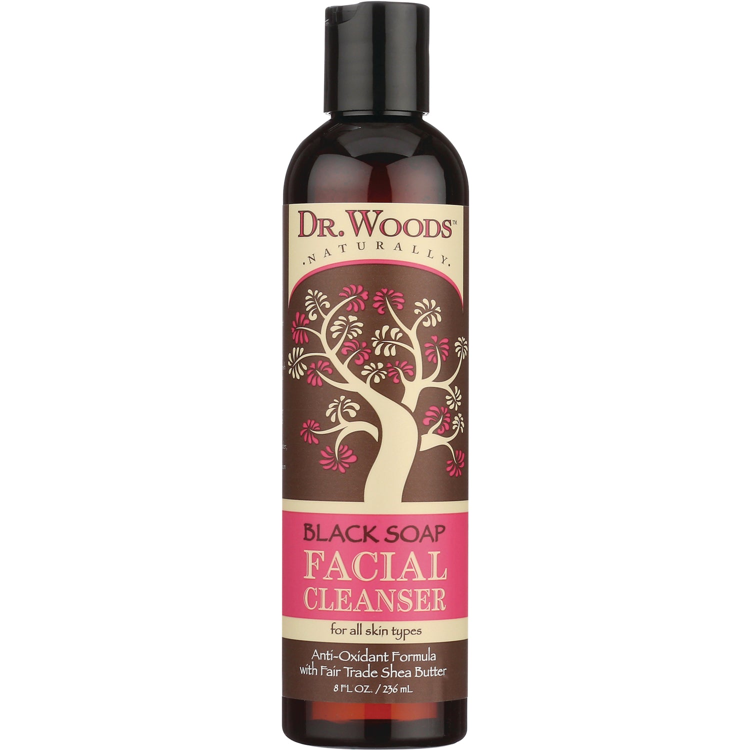DRW010 | Dr. Woods Black Soap facial cleanser bottle with tree label, 8 fl oz