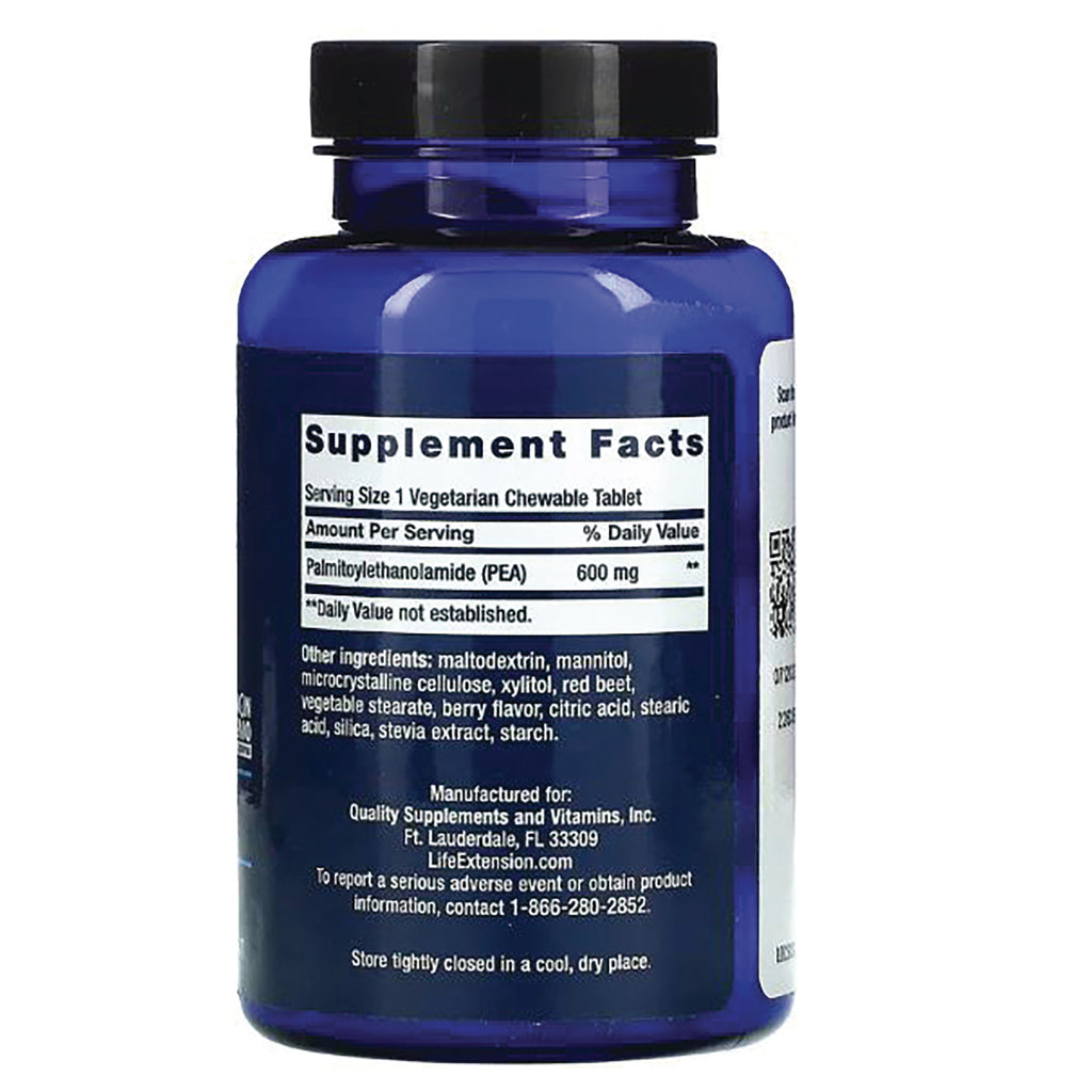 LE486 | Blue supplement bottle back showing Supplement Facts label and ingredients including Palmitoylethanolamide (PEA) 600 mg - Thumbnail