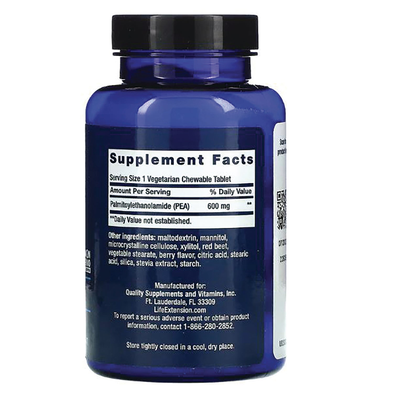 LE486 | Blue supplement bottle back showing Supplement Facts label and ingredients including Palmitoylethanolamide (PEA) 600 mg