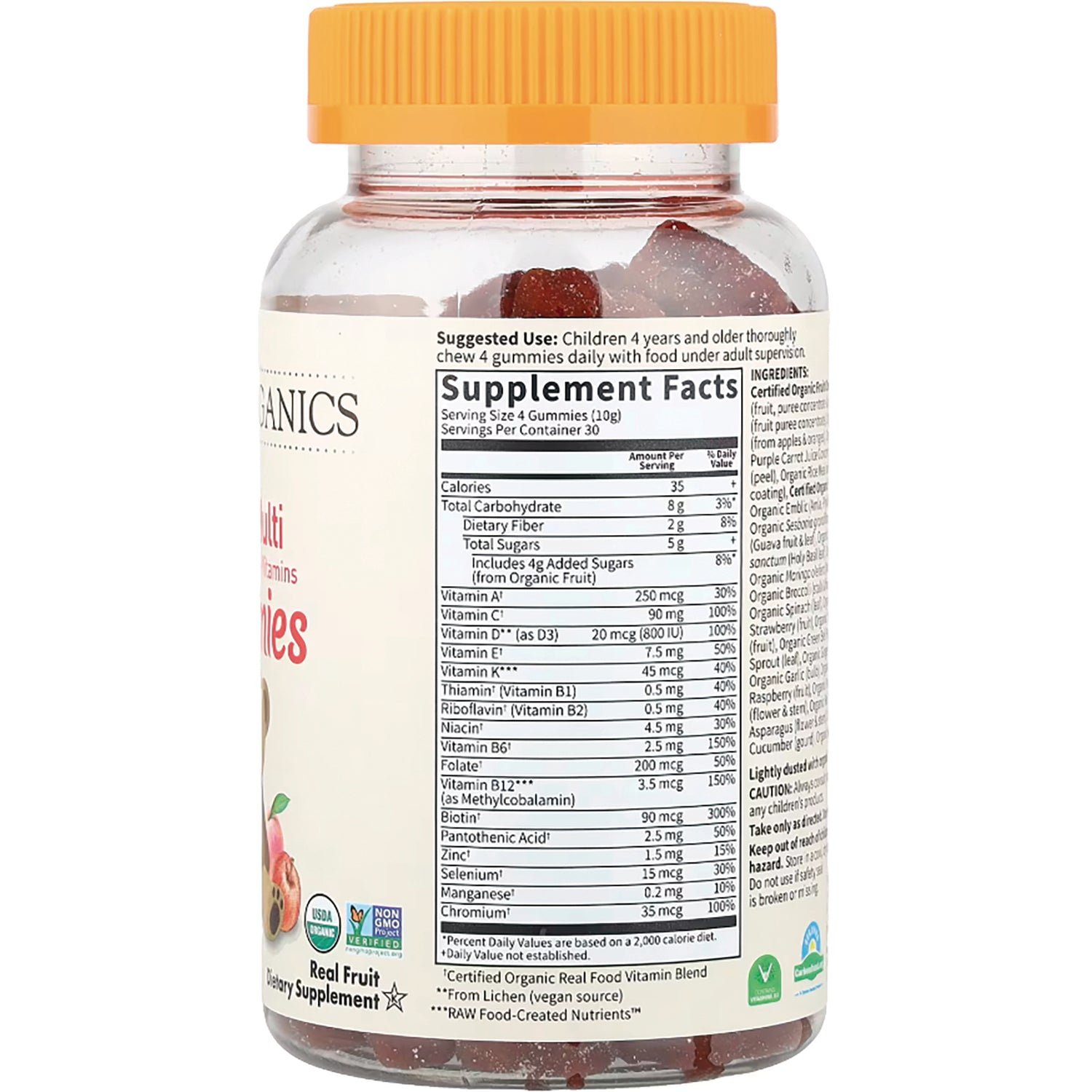 GLF234 | Back of gummy supplement bottle showing Supplement Facts panel, orange cap, and visible gummies