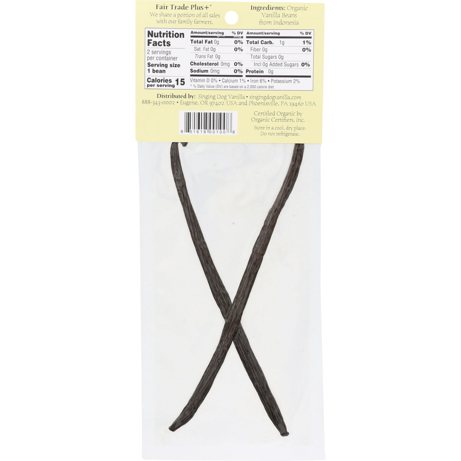 SDV003 | back packaging with nutrition facts label, barcode, and two vanilla beans in clear pouch