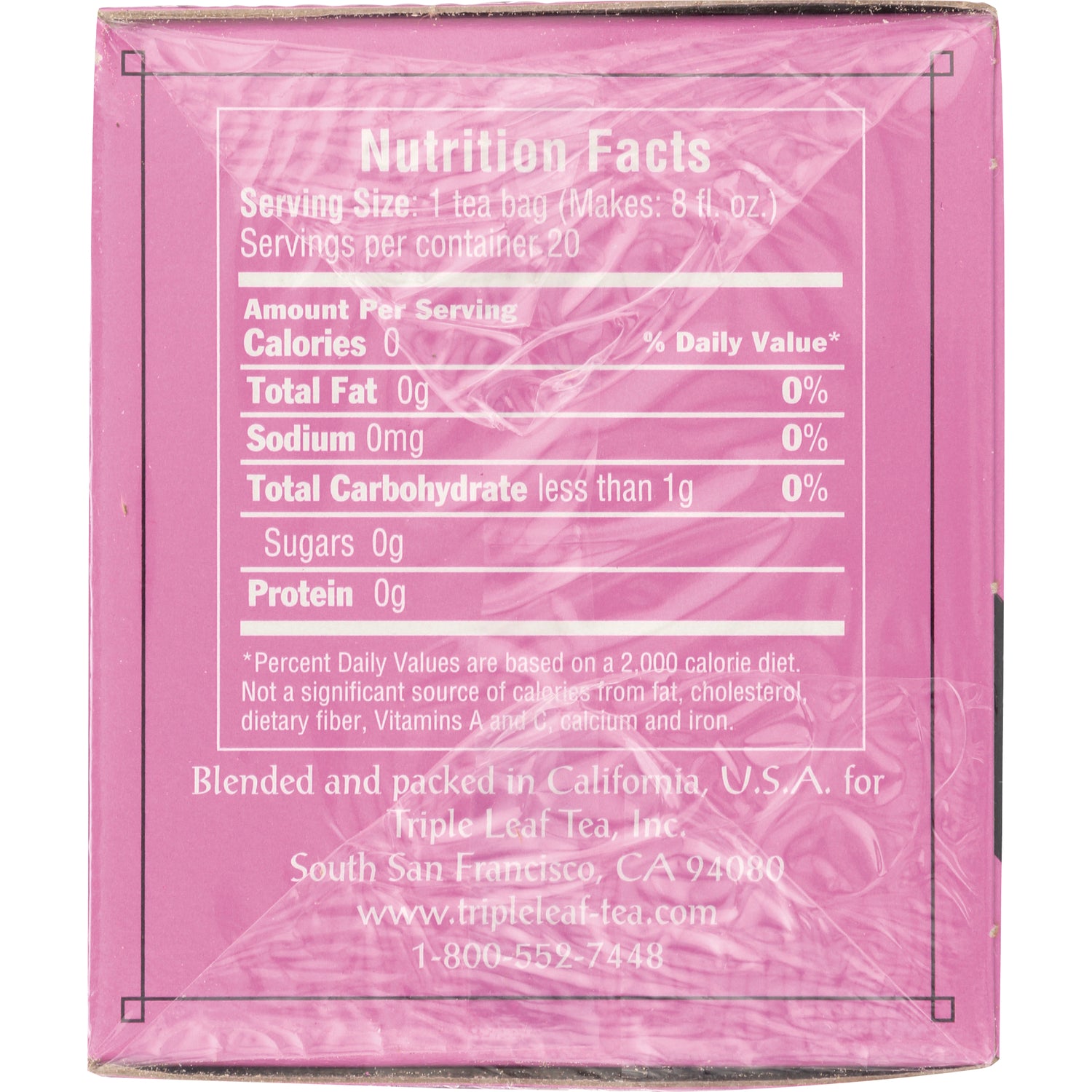 TLT025 | Back panel with Nutrition Facts for tea bags, serving size 1 tea bag, 0 calories