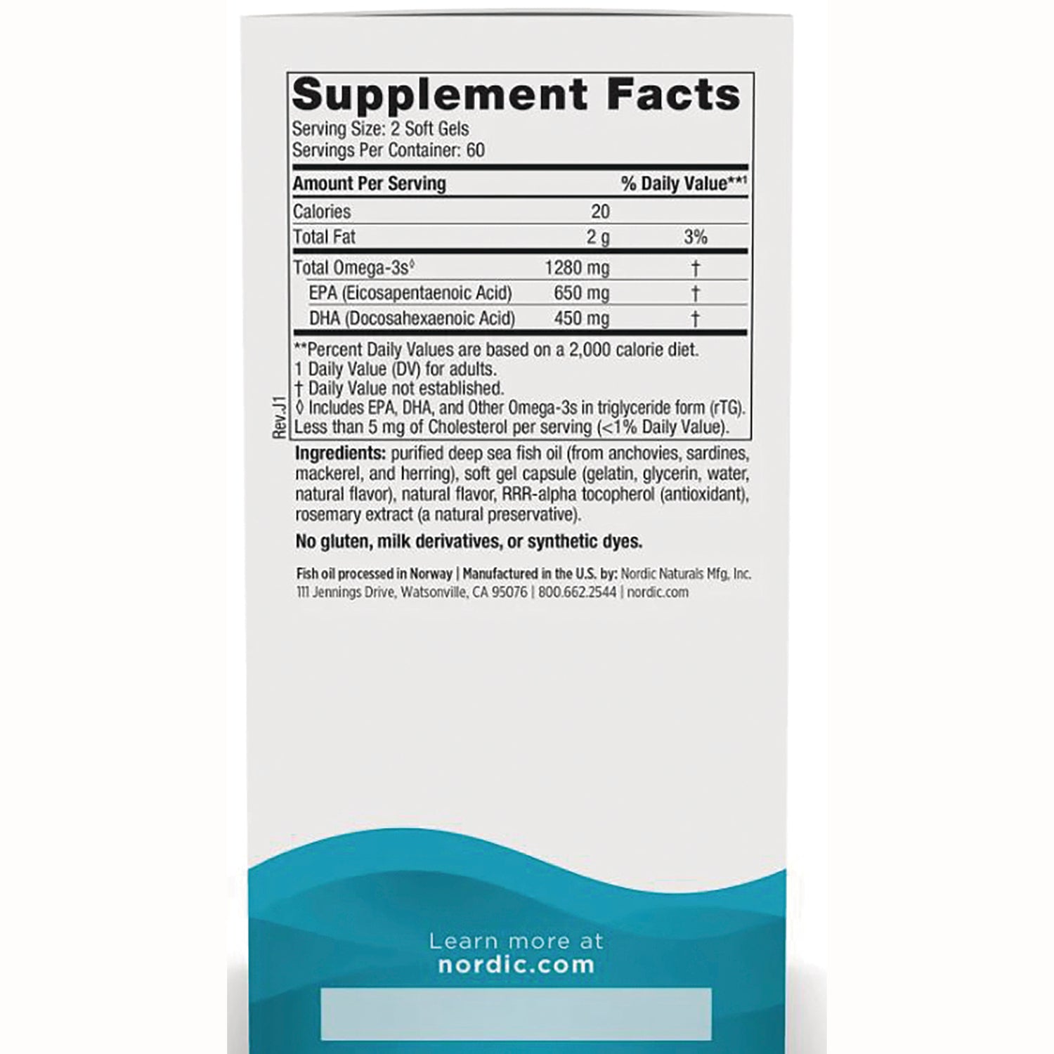NRN007 | Back panel showing Supplement Facts label with serving size 2 soft gels, Total Omega-3s 1280 mg and ingredients