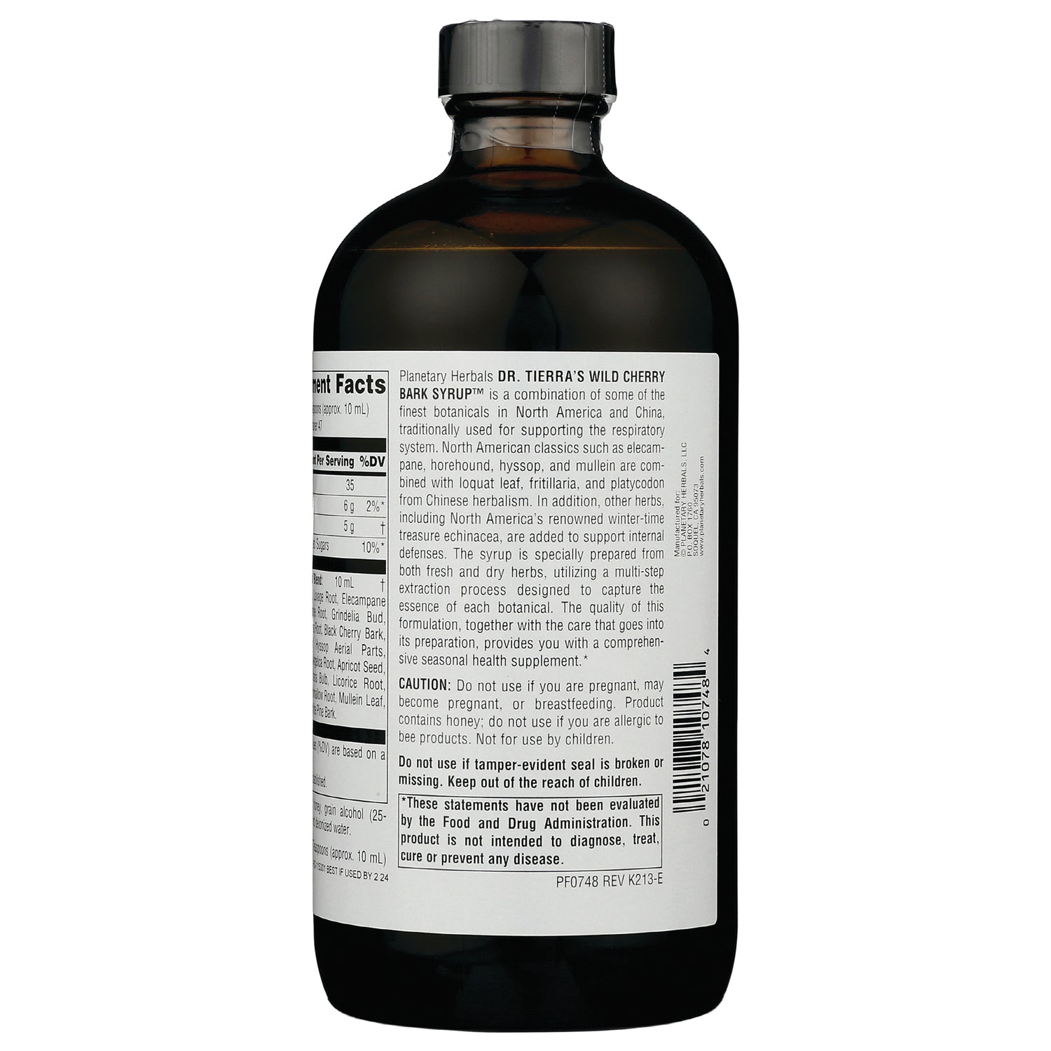 PF220 | back label of brown supplement bottle showing nutrition facts, warnings, and barcode