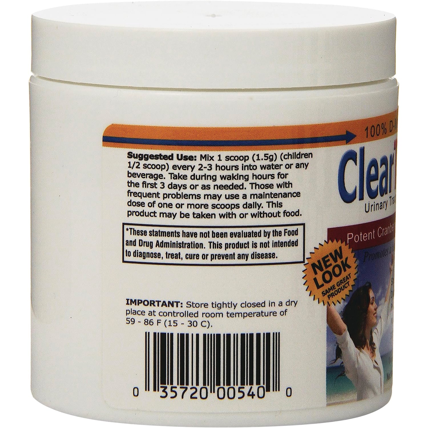 CLE002 | Back label of white supplement jar showing suggested use instructions, storage info, and barcode
