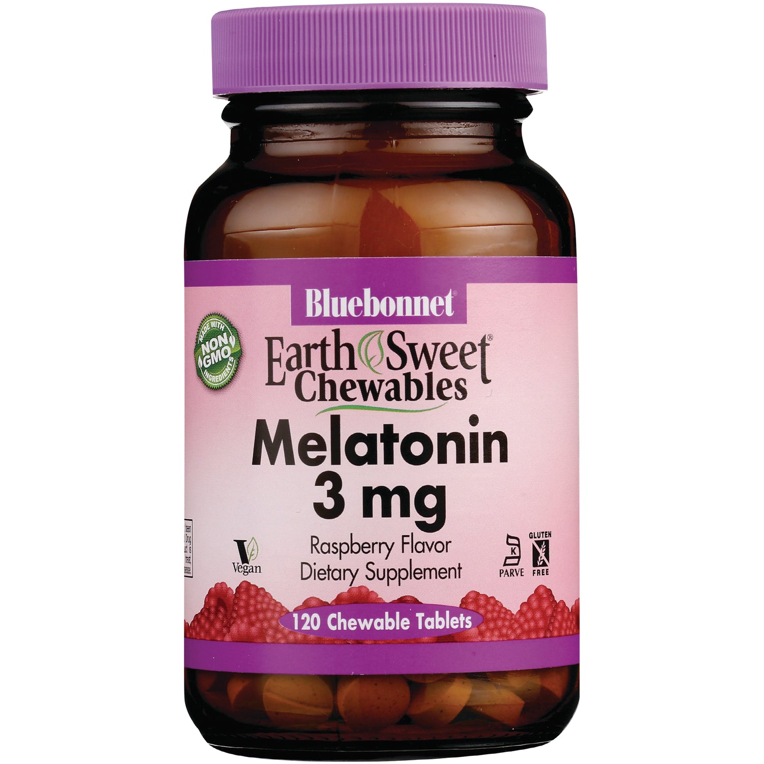 BLU142 | Bluebonnet EarthSweet Chewables Melatonin 3 mg raspberry flavor bottle, 120 chewable tablets