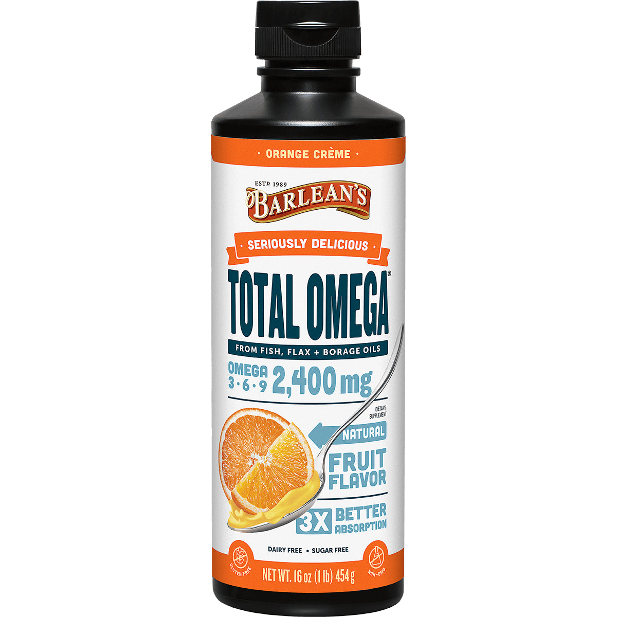 Barlean's Total Omega liquid supplement bottle front label showing 2,400 mg, natural orange fruit flavor, 16 oz