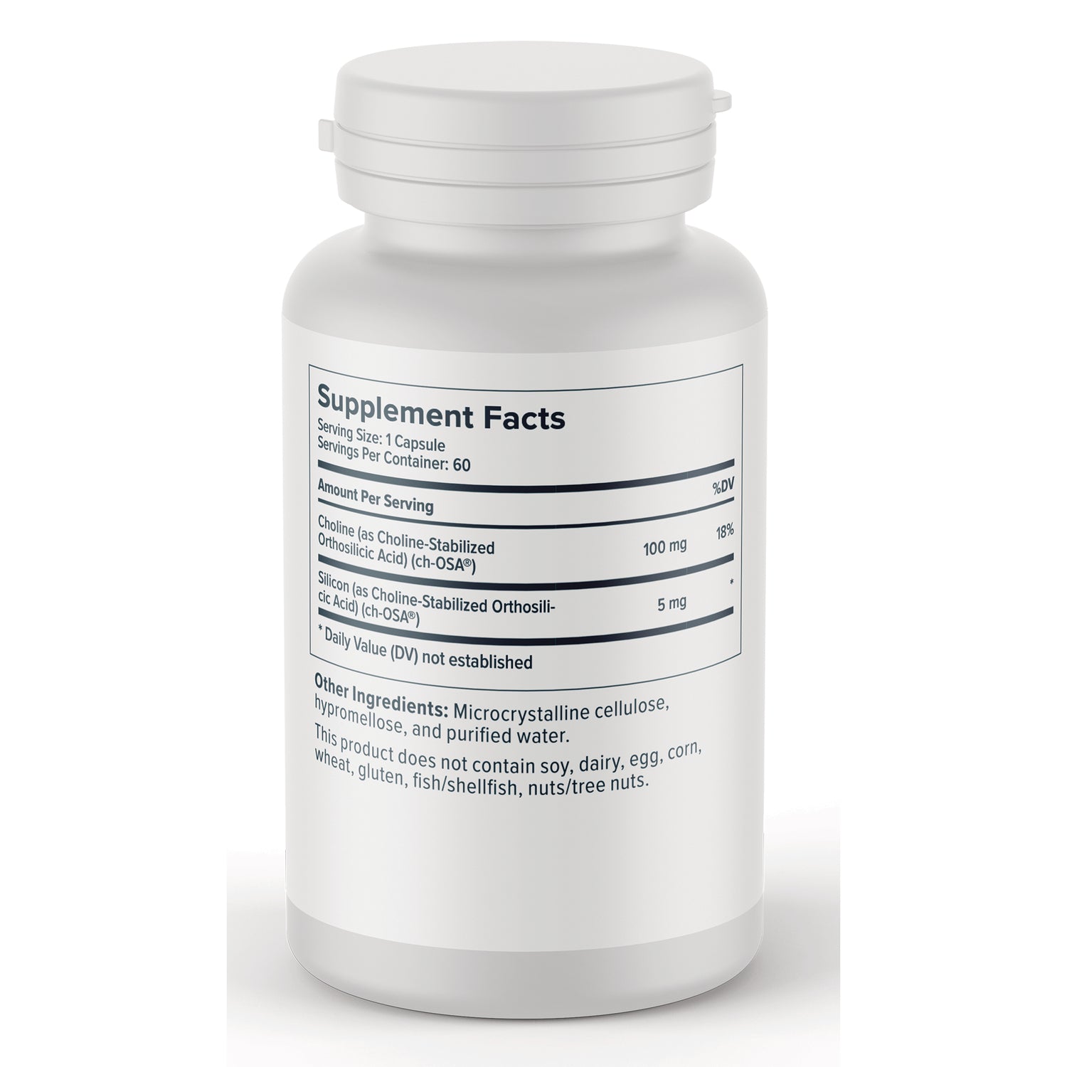 NFC214 | Back of white supplement bottle showing Supplement Facts label and other ingredients text
