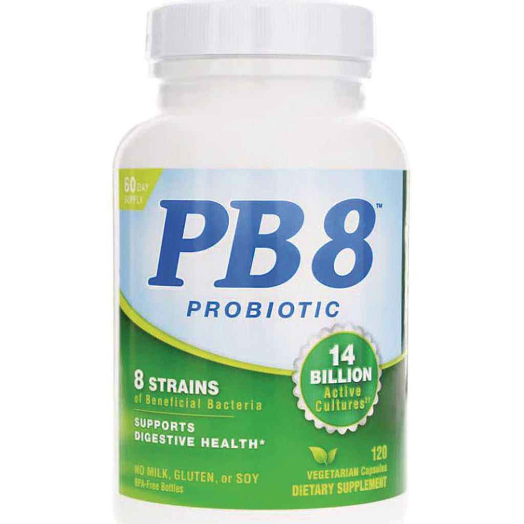 NTN022 | PB8 probiotic bottle front label showing 14 billion active cultures, 8 strains, 120 vegetarian capsules - Thumbnail