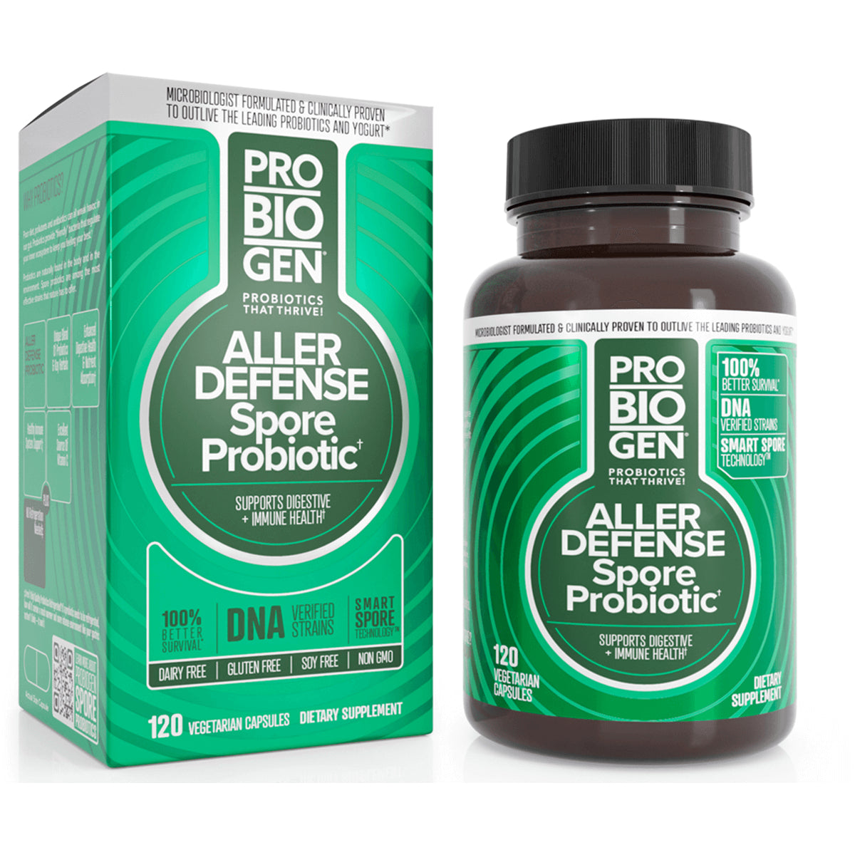 PBG006 | PROBIOGEN Aller Defense Spore Probiotic box and bottle, green label, 120 vegetarian capsules