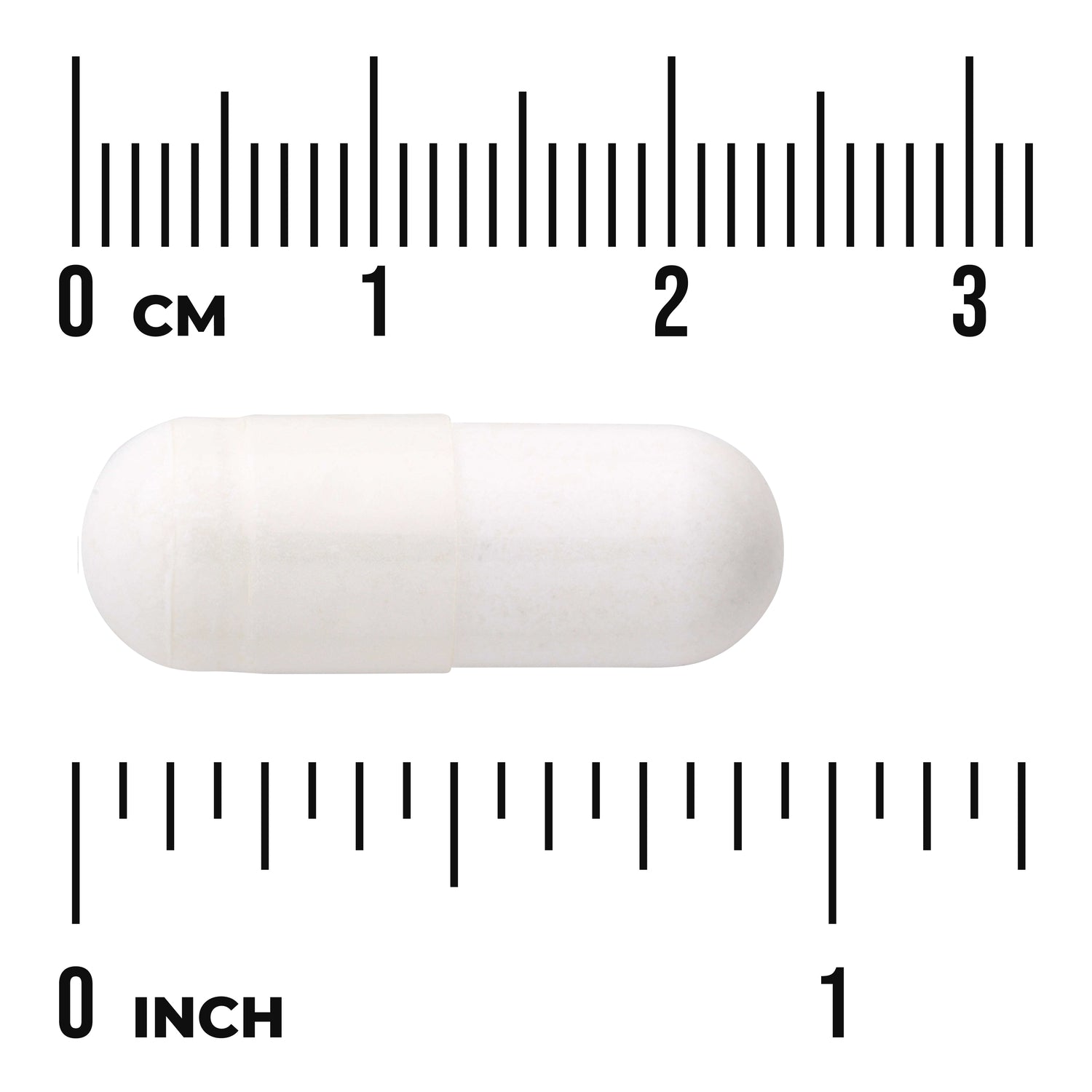 SWU665 | White capsule shown with centimeter and inch rulers for size reference