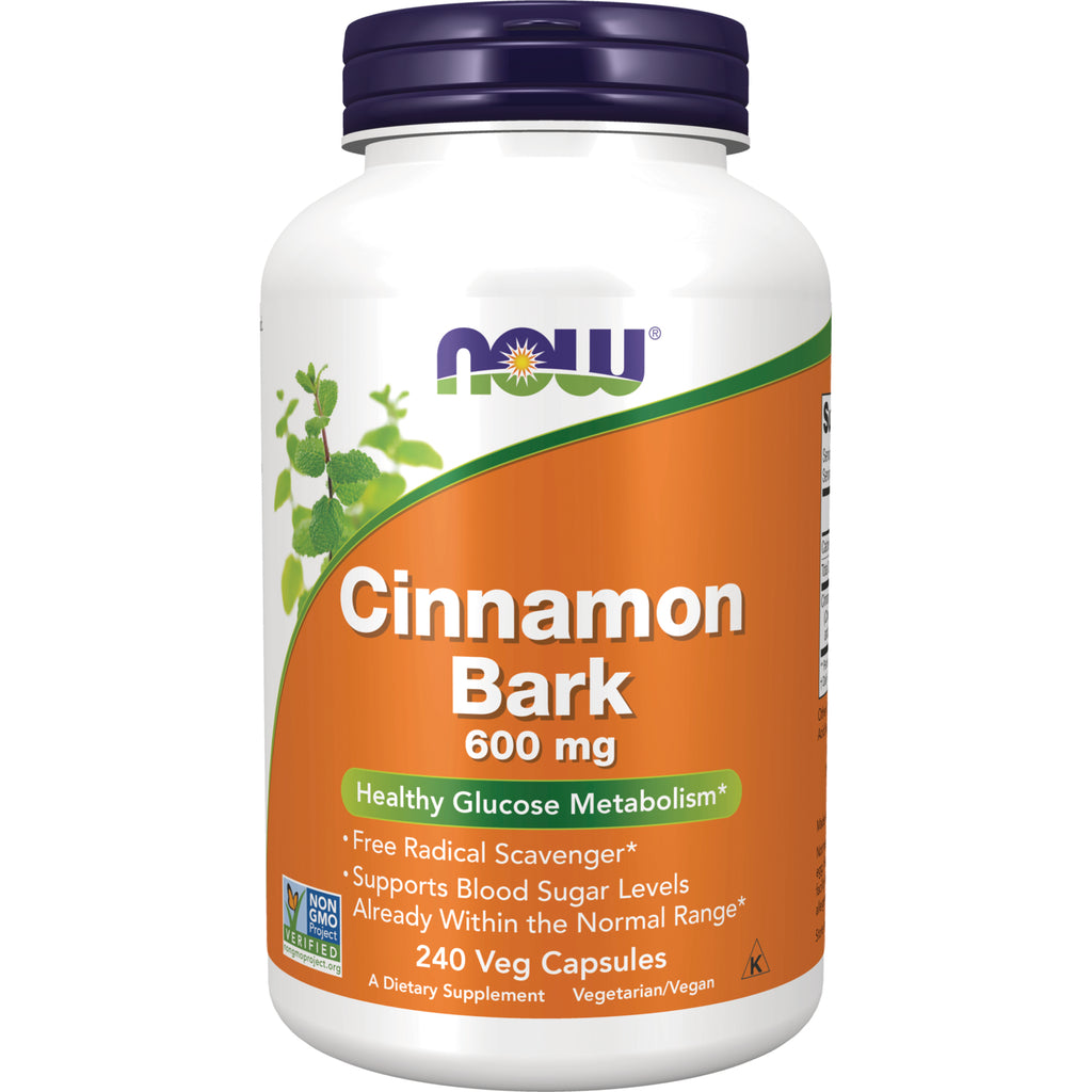 NWF665 | NOW Cinnamon Bark 600 mg supplement bottle with orange label, 240 veg capsules - Thumbnail