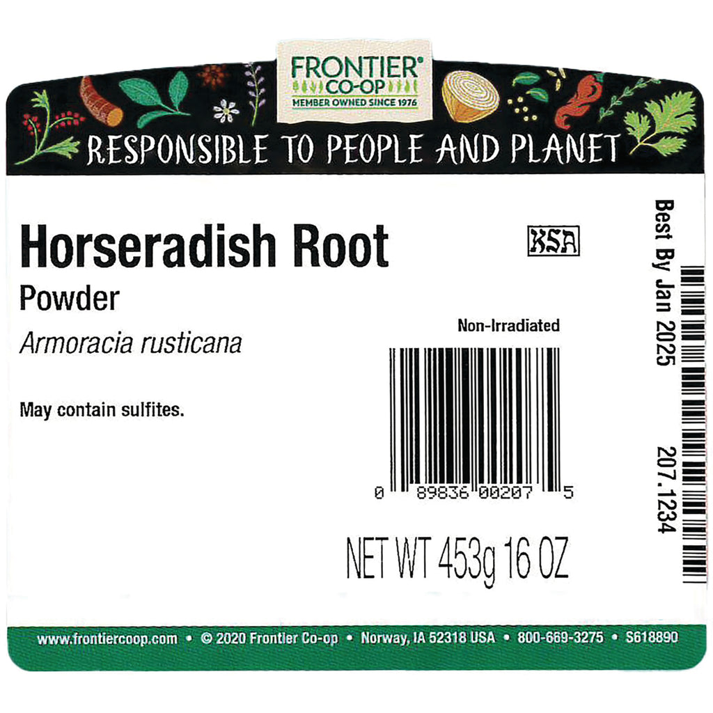 FNP055 | Back label for Frontier Horseradish Root powder showing product name, barcode, May contain sulfites, net wt 453g - Thumbnail