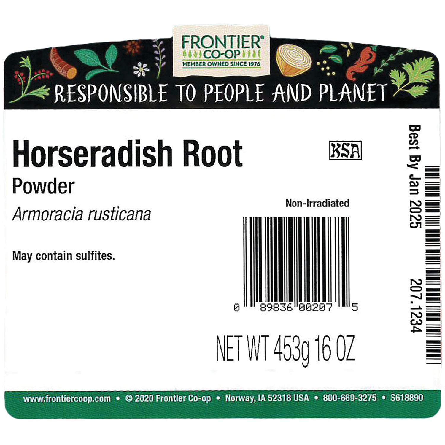 FNP055 | Back label for Frontier Horseradish Root powder showing product name, barcode, May contain sulfites, net wt 453g