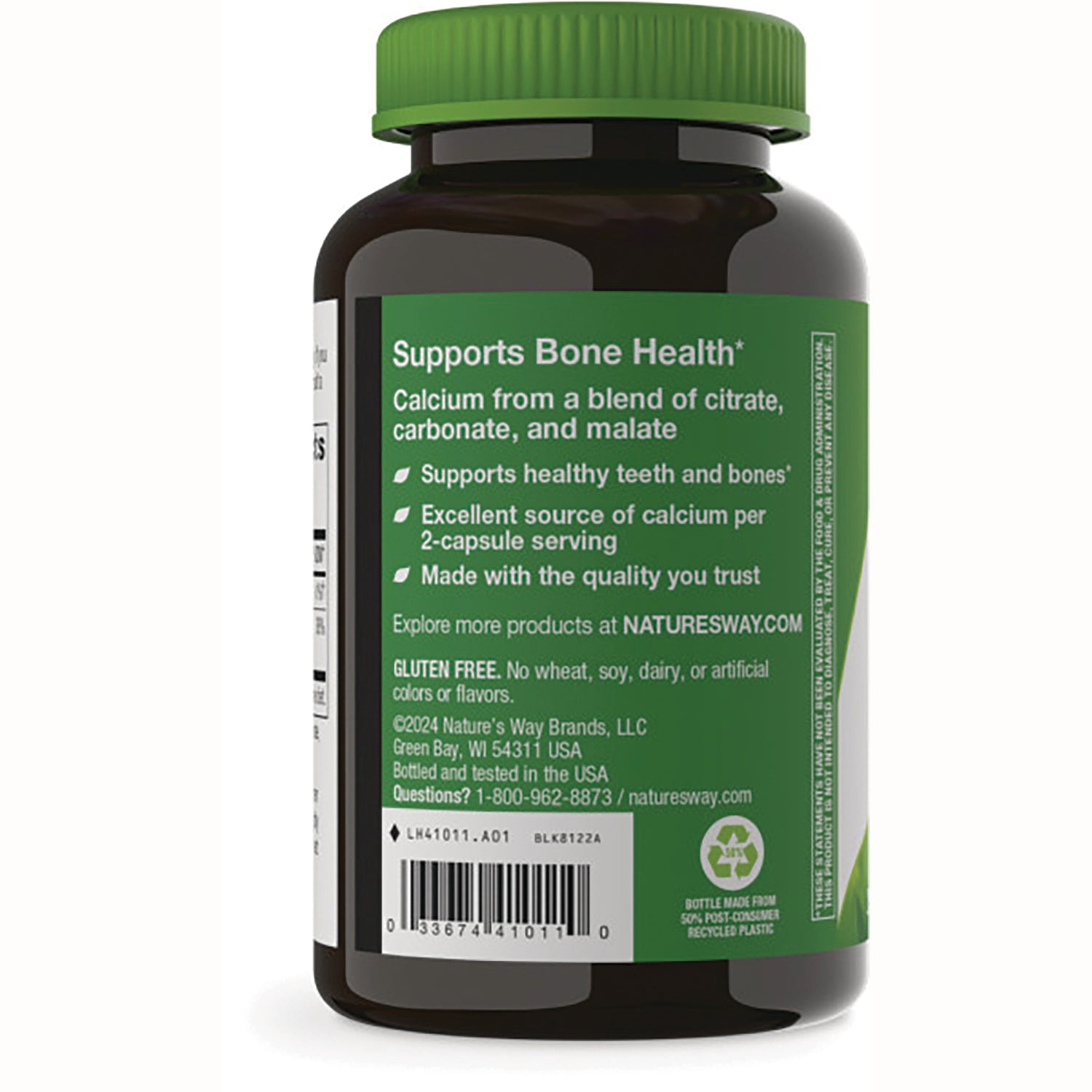 NW354 | Back label of brown supplement bottle reading Supports Bone Health with product details, gluten free note, and barcode