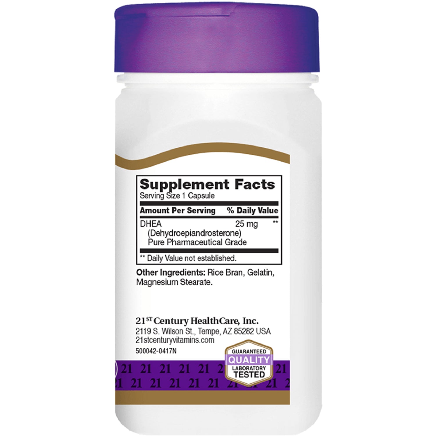 CNT046 | back label showing Supplement Facts for DHEA 25 mg and other ingredients on white bottle