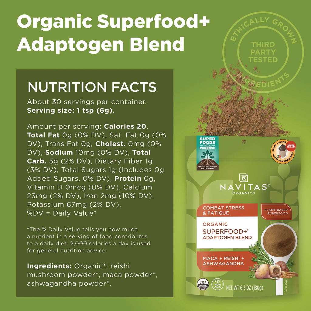 NAV070 | Nutrition facts panel beside Navitas Organics pouch of Organic Superfood+ Adaptogen Blend powder with scoop - Thumbnail