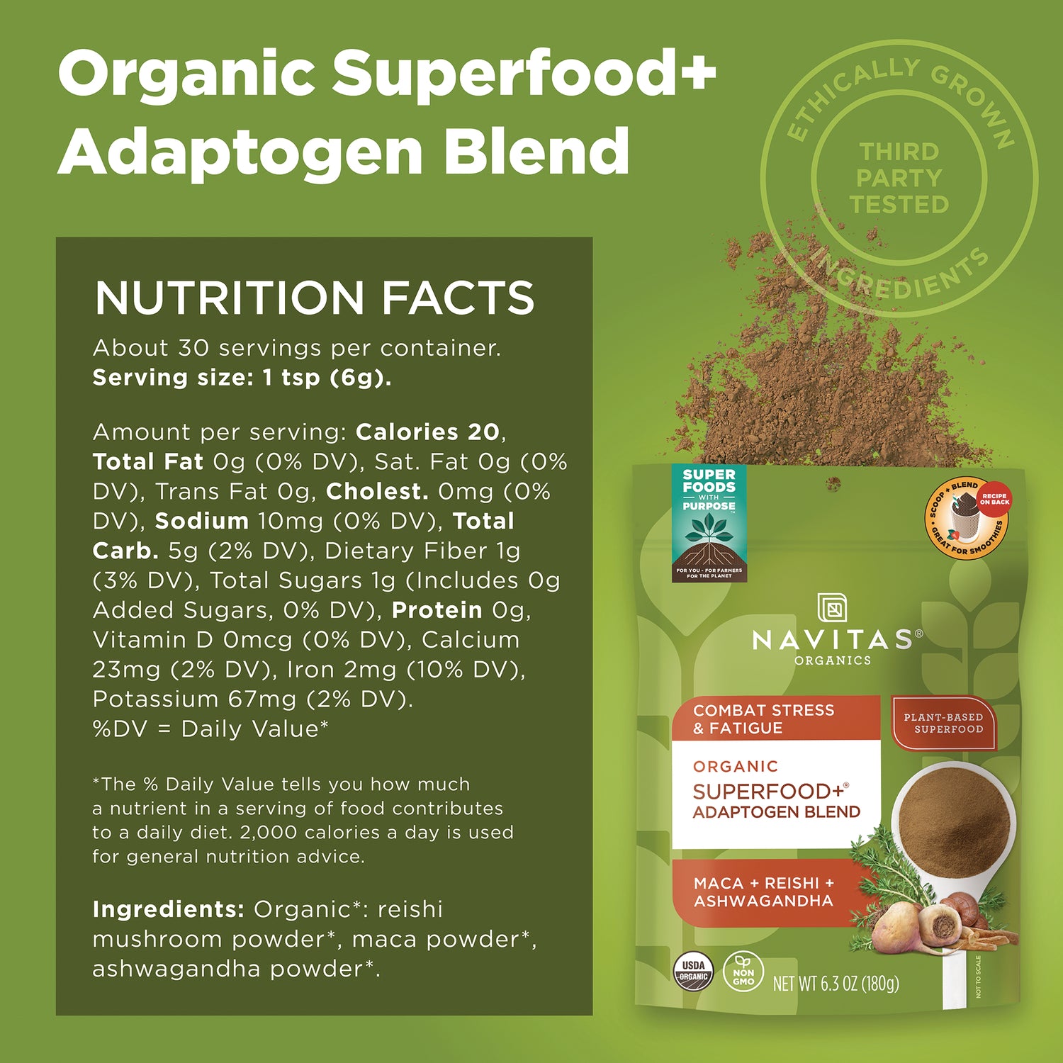 NAV070 | Nutrition facts panel beside Navitas Organics pouch of Organic Superfood+ Adaptogen Blend powder with scoop