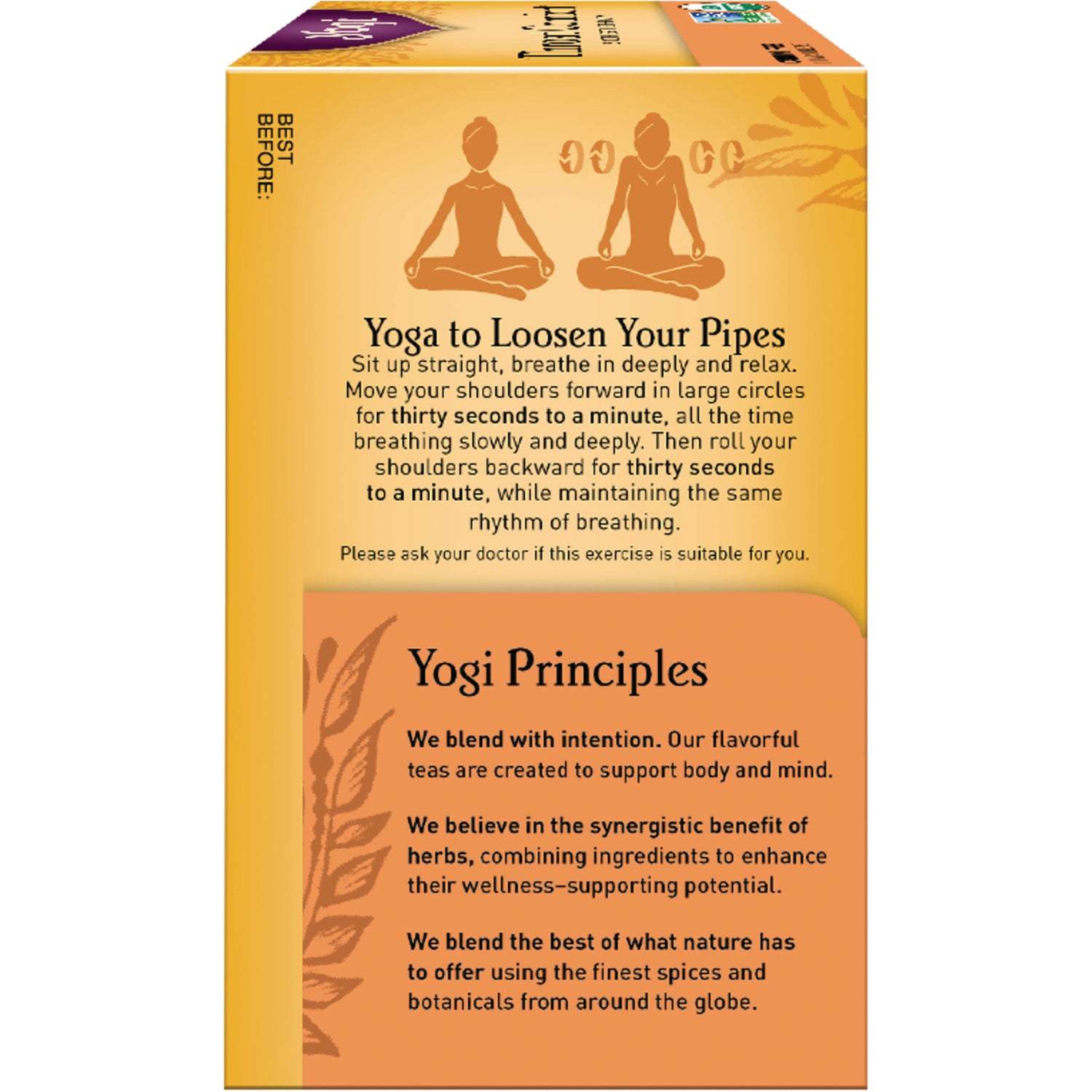 AHW033 | 'Yoga to Loosen Your Pipes' infographic showing yoga poses, breathing instructions and Yogi Principles text