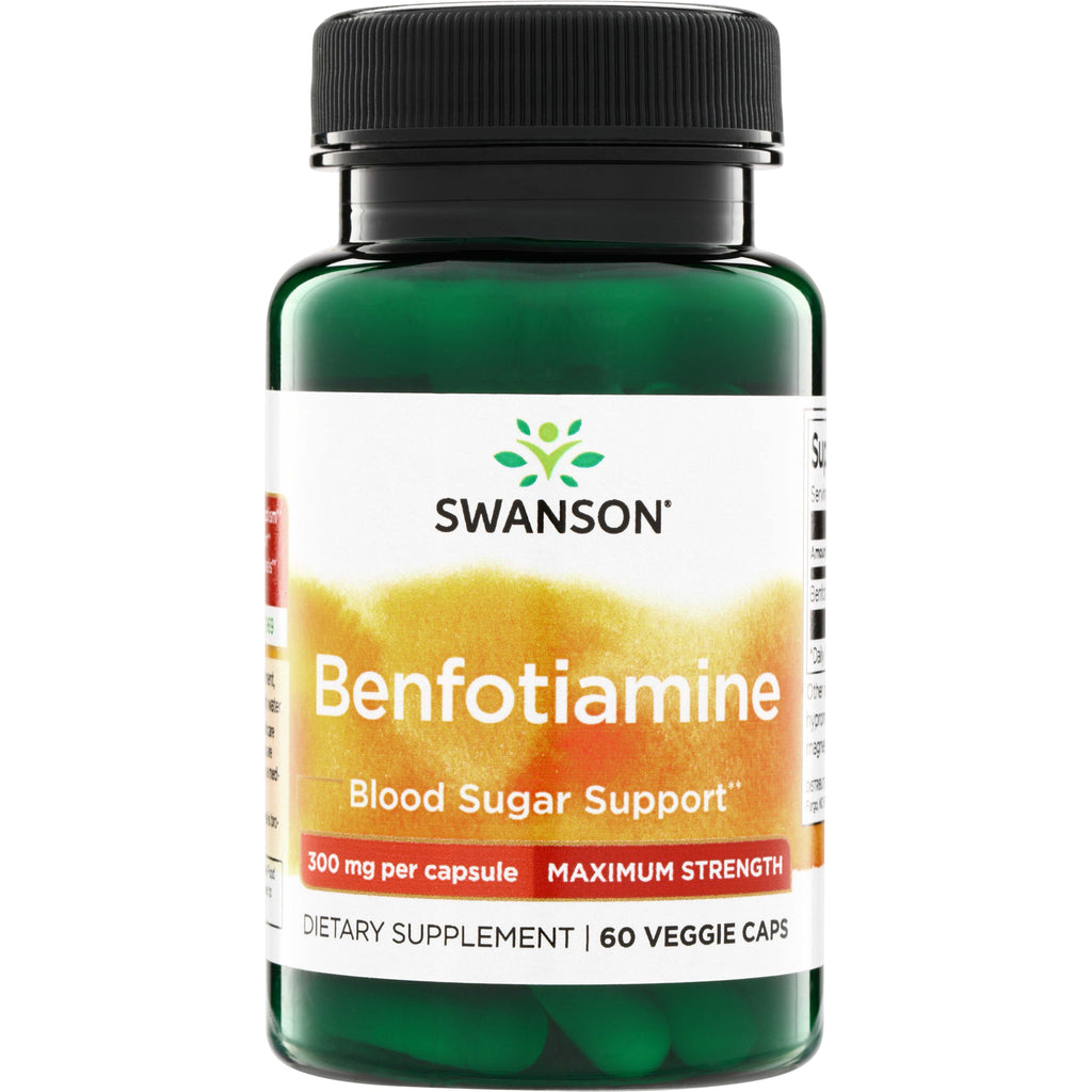 SWU977 | Swanson Benfotiamine supplement bottle front, Blood Sugar Support, 300 mg per capsule, 60 veggie caps - Thumbnail