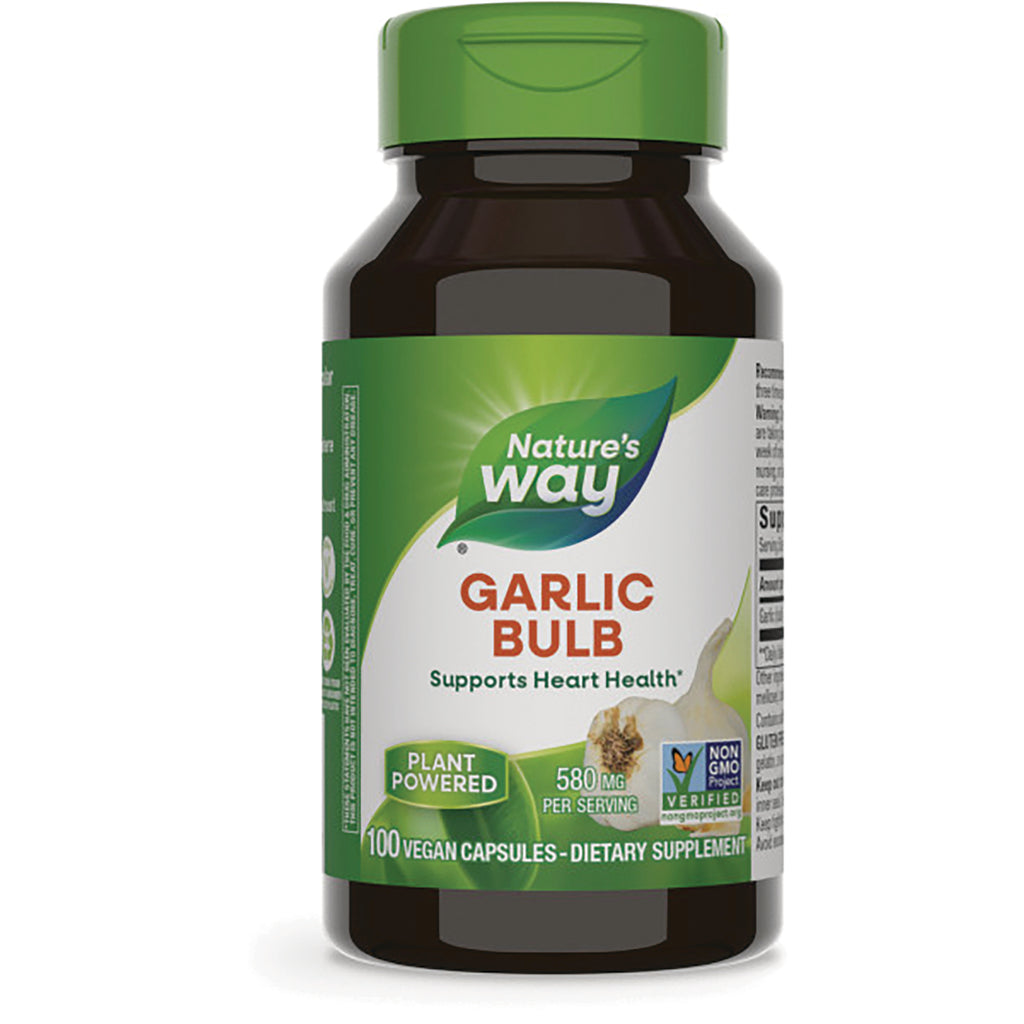 NW935 | Nature's Way Garlic Bulb bottle front label showing 100 vegan capsules, 580 mg, plant powered, supports heart health - Thumbnail