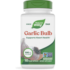 NW935 | Nature's Way Garlic Bulb bottle front label showing 100 vegan capsules, 580 mg, plant powered, supports heart health