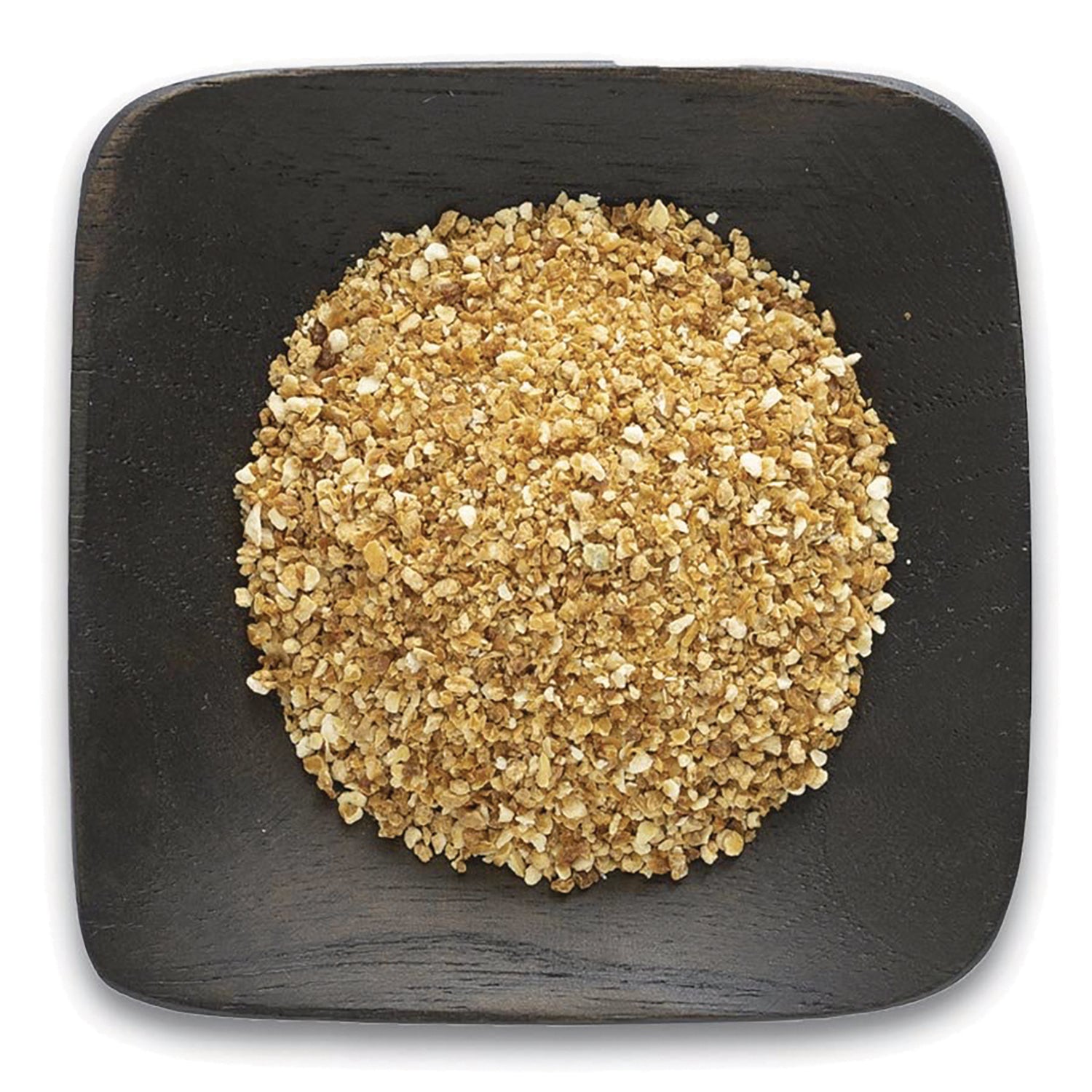FNP067 | top-down view of a mound of coarse golden bulgur on a black square plate