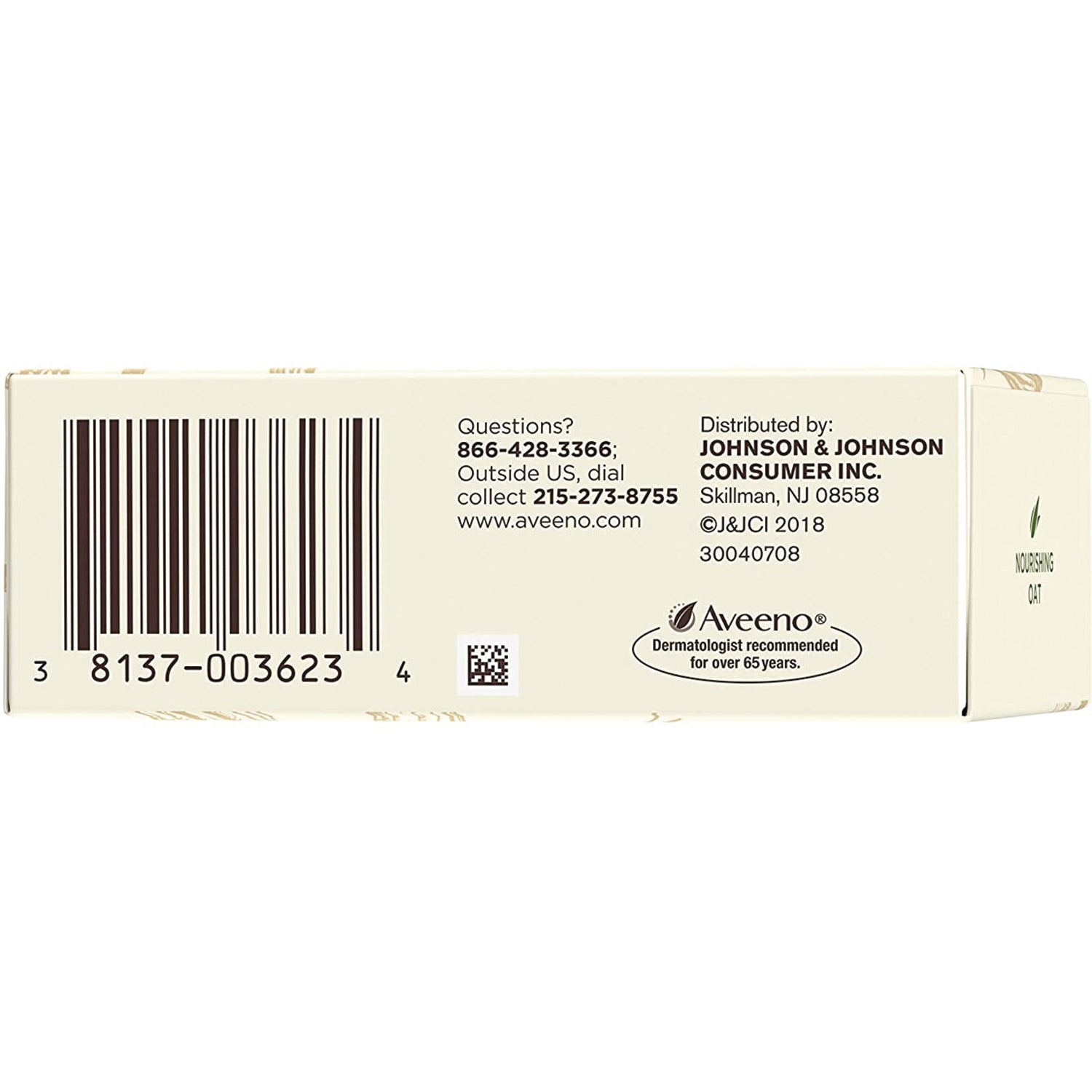 JNJ046 | Back of Aveeno box with barcode 8137-003623, Johnson & Johnson Consumer Inc. distributor info and contact numbers