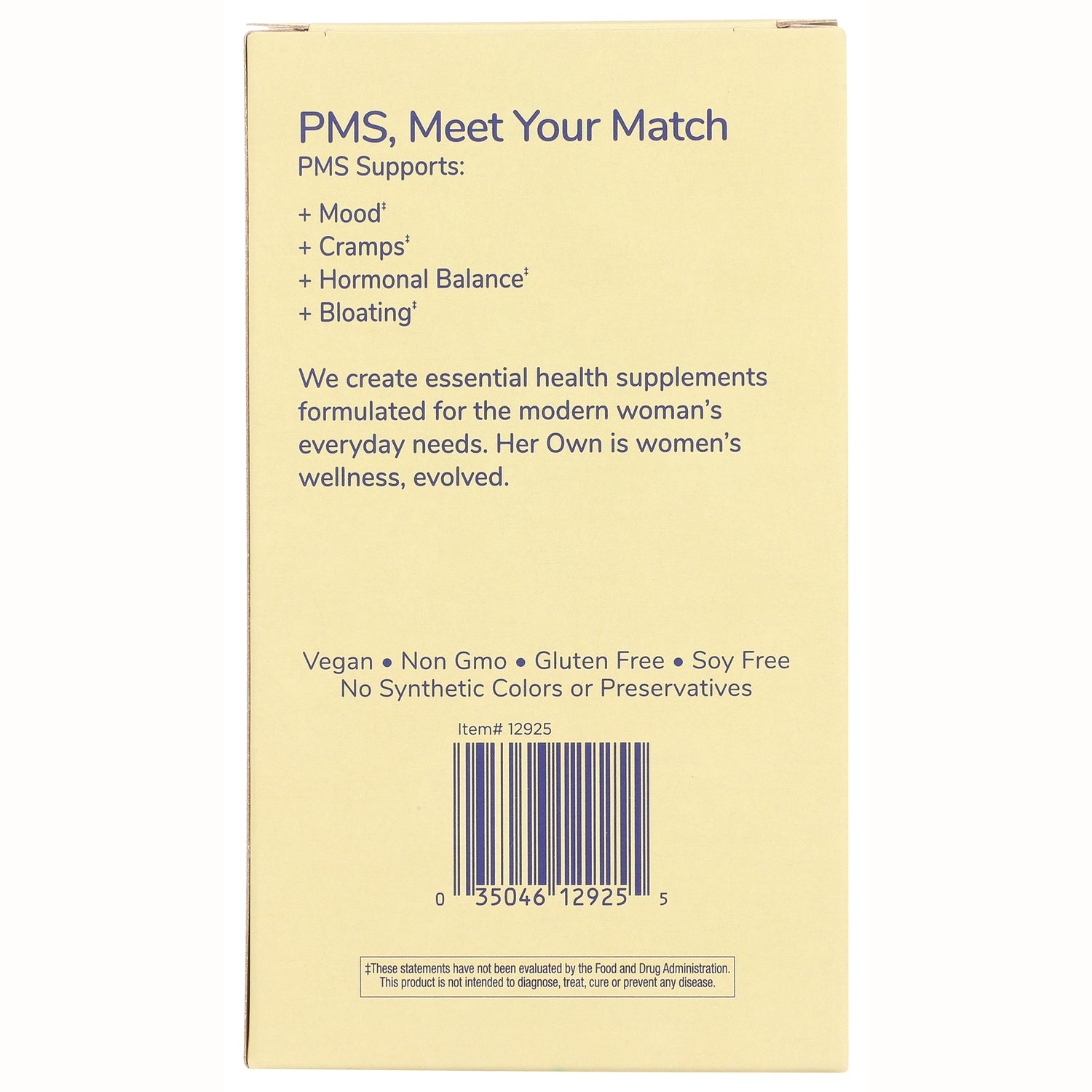 HO003 | product infographic panel reading PMS, Meet Your Match with support list, vegan and gluten free labels and barcode