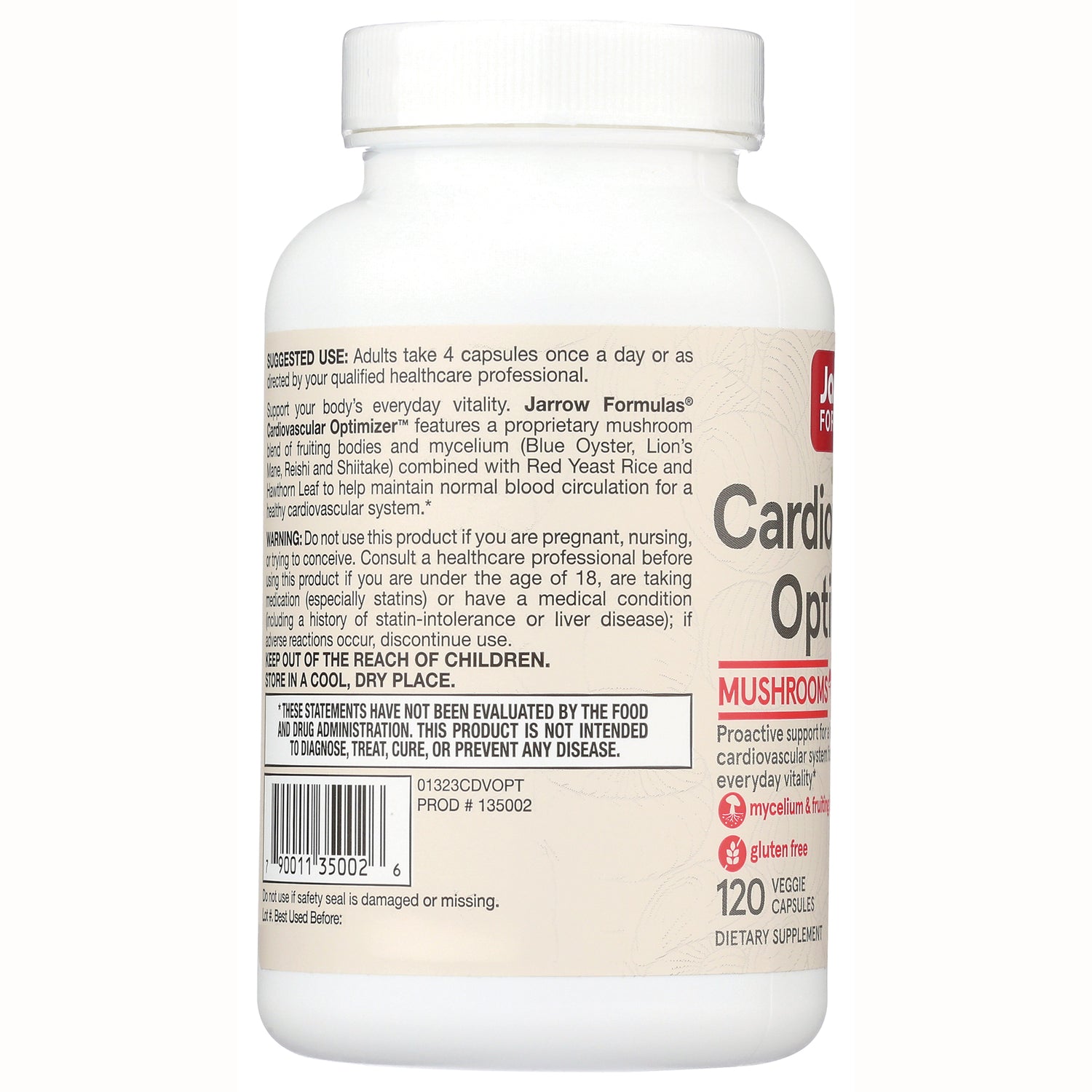 JR372 | Back of white supplement bottle showing suggested use, warnings, barcode and label noting 120 veggie capsules